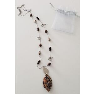 Chicos Neutral Leaf Beaded Silver Station Long Necklace Boho Casual‎